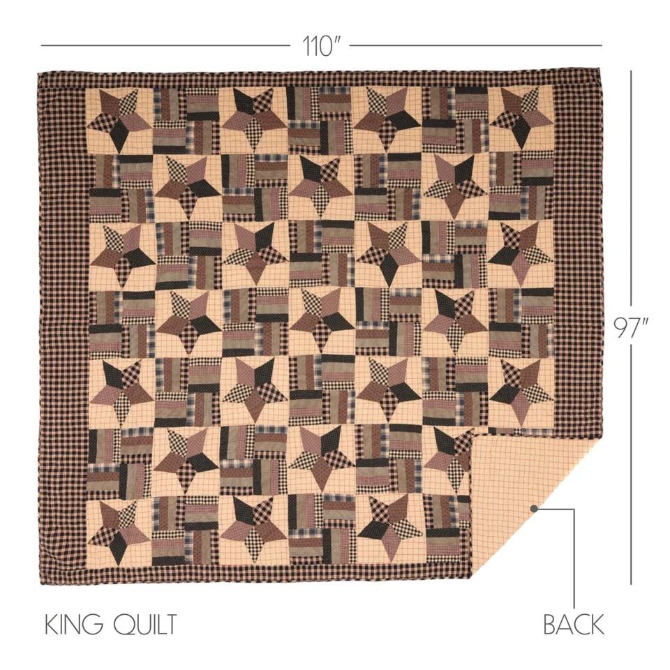 Bingham Star King Block Patchwork Quilt 100% Cotton Black Khaki Tan Red VHC - Image 2 of 4