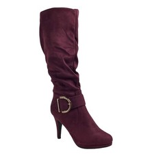 Women's 10 Winter High Heel Knee High Boots Burgundy Stiletto Gold-Tone Buckle