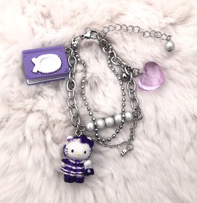 RAR Sanrio HELLO KITTY Lila Gothic Lolita Charm Perlen Perlen Armband Kette
