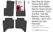 Floor Mats for Toyota Tacoma 2015-2023, Anti-Slip Backing - Heavy Duty, Set of 4