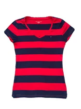 Tommy Hilfiger V Neck Shirt Youth M Red Blue Striped Short Sleeve Women