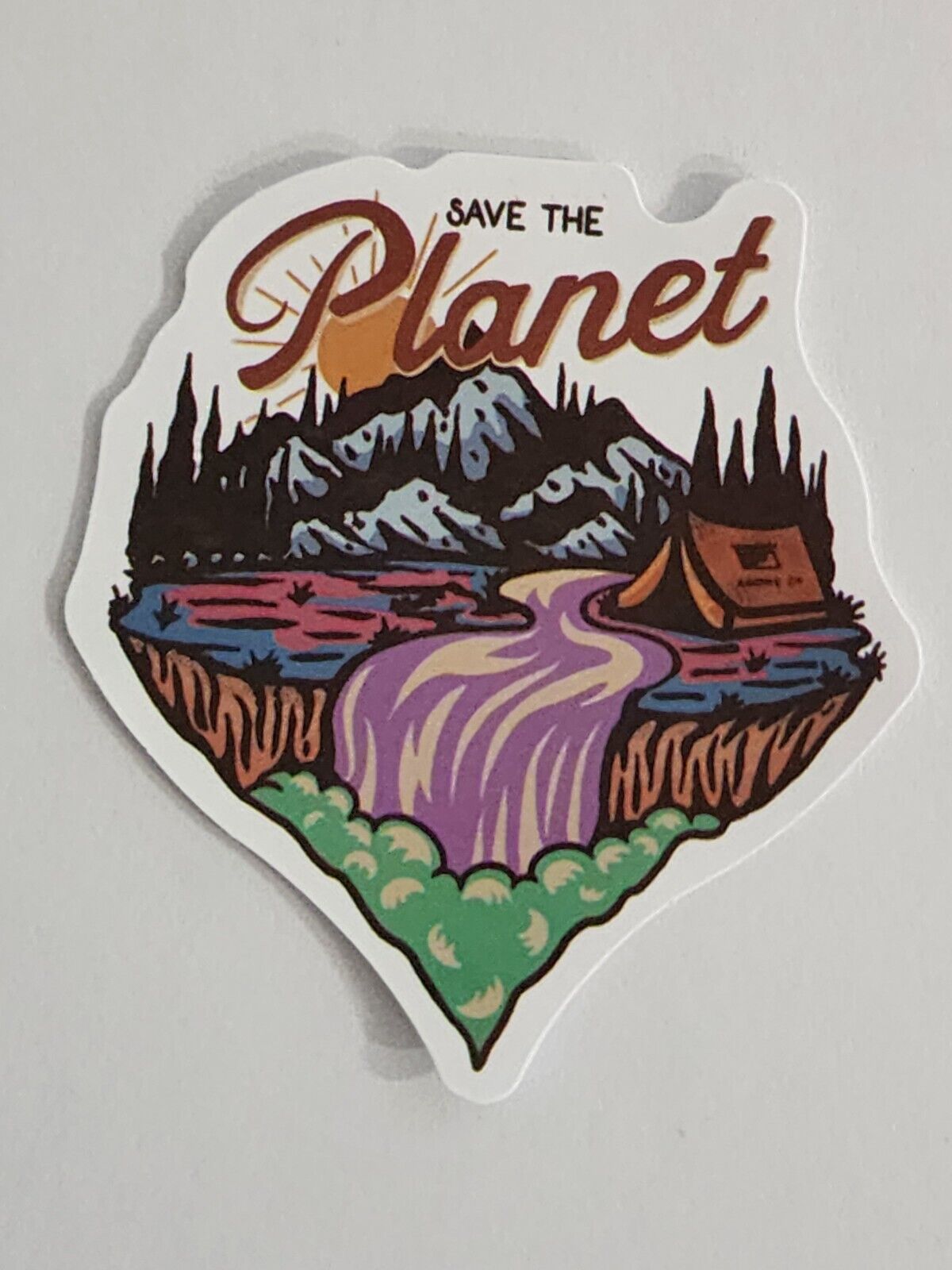 Save the Planet Tent on River with Mountains Sticker Decal Awesome Embellishment