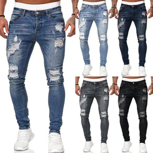 Mens Denim Ripped Jeans Skinny Stretch Distressed Pants Blue Slim Fit Trousers