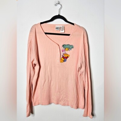 VTG DISNEY embroidered POOH PIGLET Peach Longsleeve Top Cartoon Y2K Womens XL