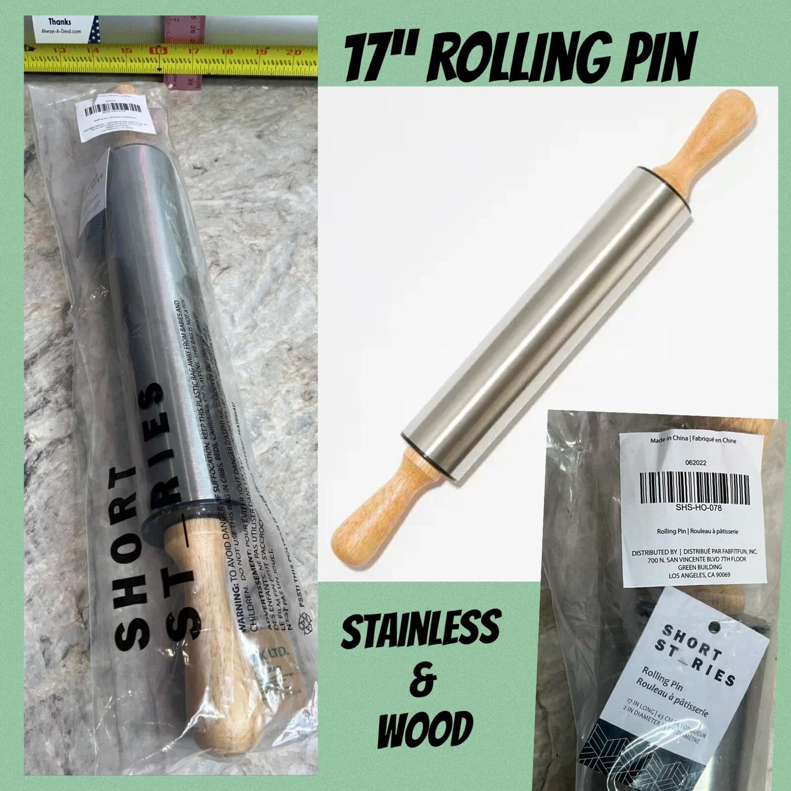 Stainless Steel & Wood Rolling Pin Baking ShortStories SHS-HO-078 Kitchen Tools