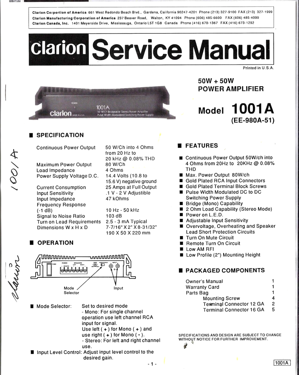 CLARION 1001A (EE-980A-51), 50W + 50W POWER AMPLIFIER CLARION 1001A (EE-980A-51), 50W + 50W POWER AMPLIFIER