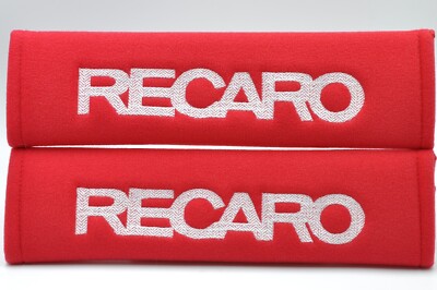 2 pcs (1 PAIR) Recaro Embroidery Seat Belt Cover Shoulder Pads (White on Red)