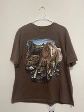 Horses T-Shirt XL Brown VTG Jerzees White Tan Black Horse Skies & Trees 🌲 🐴🐴