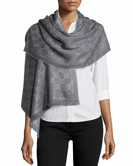 Gucci Monogram-pattern Fringed-trim Wool Scarf in Gray