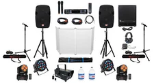 12" DJ Speakers+Sub+Amp+Headphones+Facade+(4) Lights+Fogger+Mics+Stands+Cables