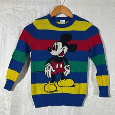 Disney 100 Sweater XS Kids Mickey Mouse Blue Red Yellow Striped Retro Style