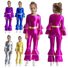 Girl 70s Retro Disco Dance One Piece Long Sleeve Tiered Flared Metallic Jumpsuit