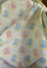 Vintage Baby Quilt Hexagon BEARS Yellow Pink Blue Cotton Handmade Crib Sized Tot