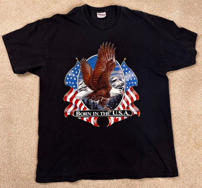 Vintage Born In the USA American Flag Bald Eagle T-Shirt Size XL Biker Black 90s