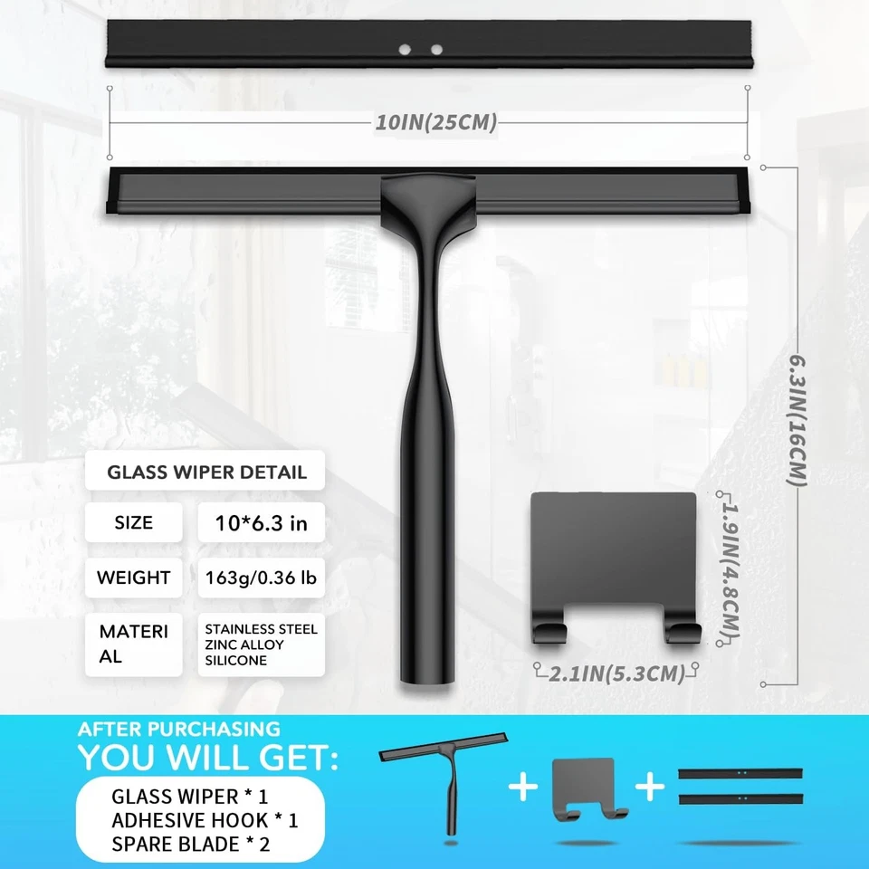 Enjugador de ducha de acero inoxidable de 10 pulgadas para puertas de vidrio y azulejos con gancho Foto 2 de 4