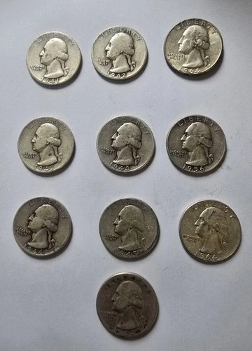 Lot of 10 1941 - 1964 Vintage 90% Silver Quarters -Washington & Standing Liberty