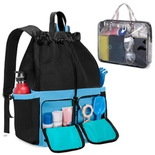 Mesh Beach Bag Backpack with Waterproof Pocket Large Drawstring Swim Travel Pool