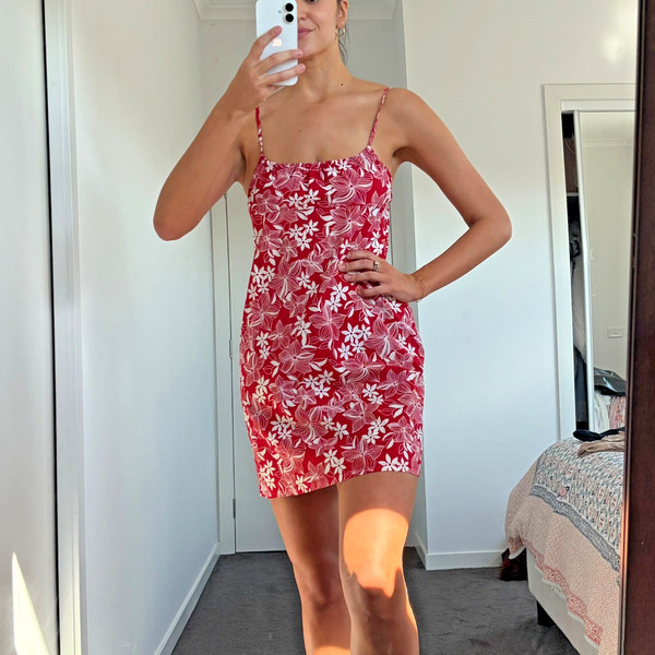 Vintage Target Red Floral Mini Dress Cotton Y2K Slip Summer AU 12 Fitted Cute