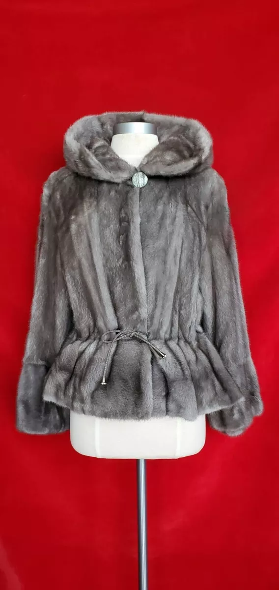 Saga Furs Gray Mink Fur Hooded Drawstring Waist Jacket Size 40