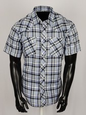 Mens Western Light Blue Yellow Plaid Shirt Short Sleeve Snap Up Two Flap Pockets