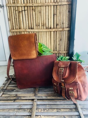 2 Kleine Tasche Gratis 18 '' Vintage Umhängetasche Echtleder Laptop Kuriertasche