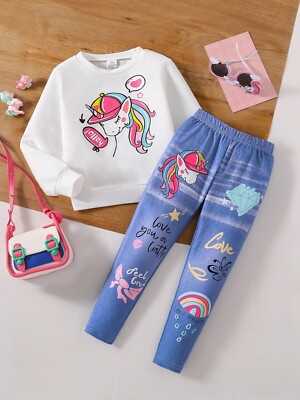 Kids Girls Unicorn Pyjama Outfit Set Winter Clothes Jeans Pants Jumper