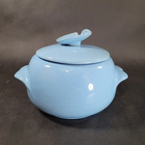 Vintage Frankoma Pottery Lazy Bones 4V Blue Covered Casserole USA 1950s
