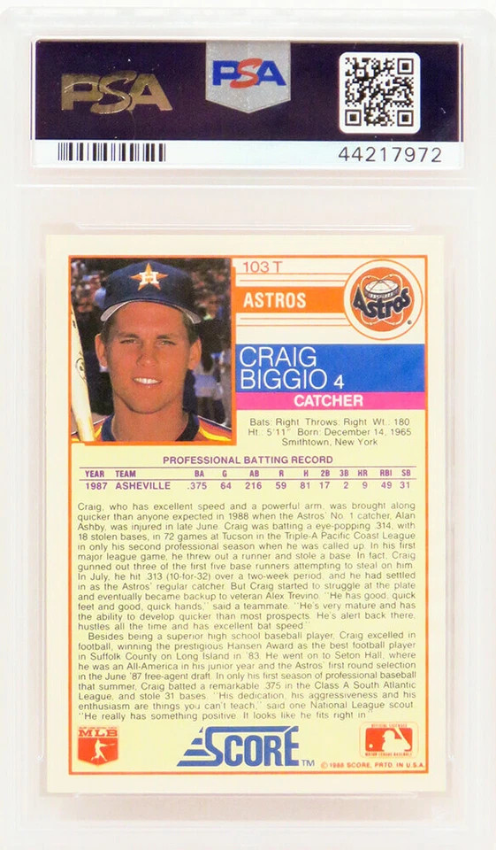 Craig Biggio (Astros) 1988 Score Traded #103T RC Rookie Card PSA 10 (New Label) - Image 2 of 2
