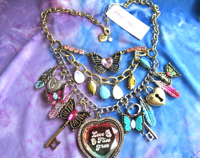 BETSEY JOHNSON Authentic  Boho Butterfly Charm Layer Statement Necklace NEW