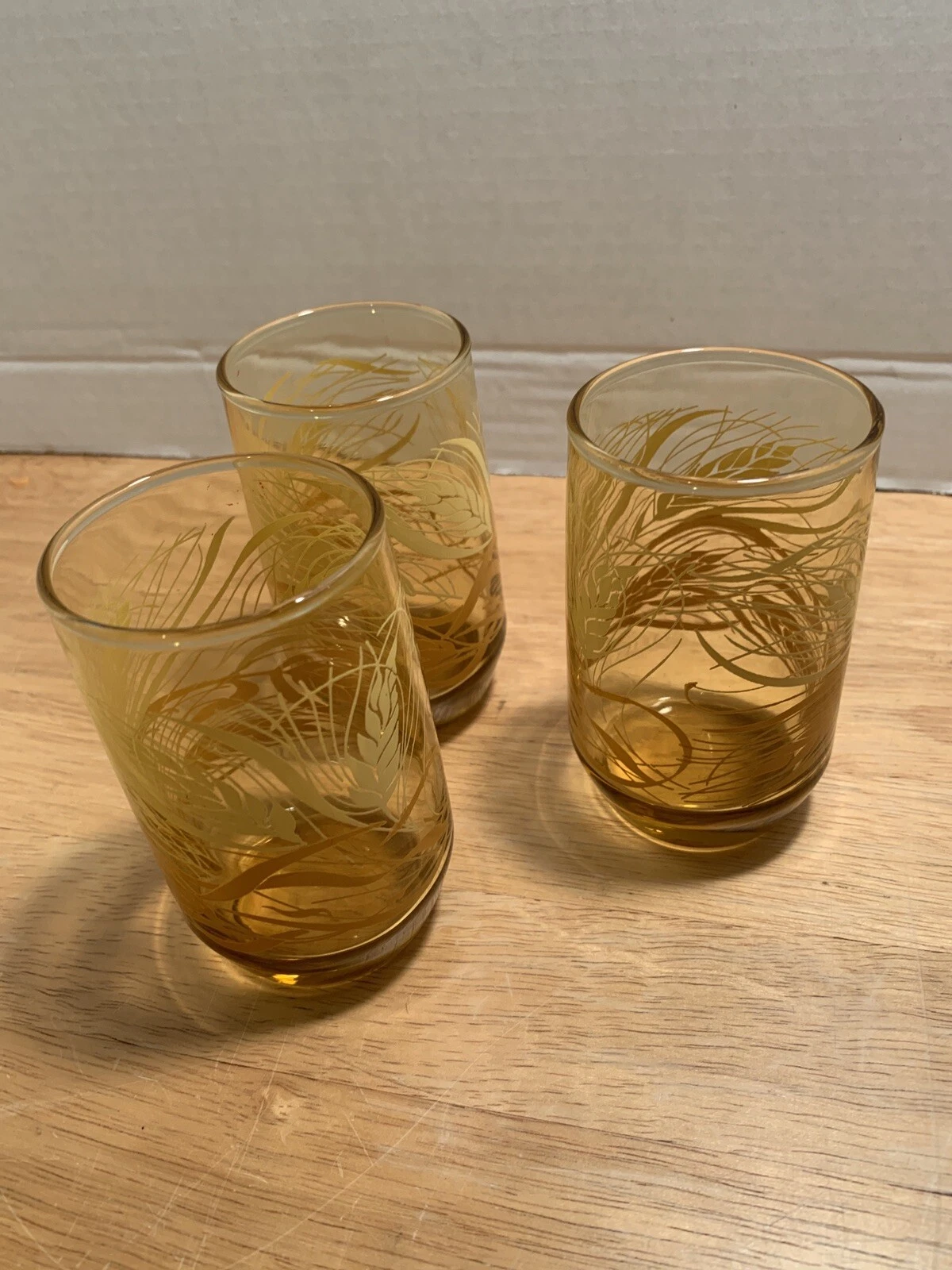 Vintage Libbey Amber with Wheat and Ribbon Design Glasses Set of 3