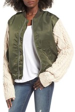 Nwt J.o.a Sweater Sleeve Bomber Jacket Green Army Cable Knit Coat * Women's Sz M