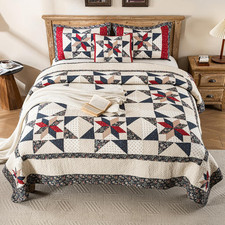 Cal King Star Patchwork Quilt Set 100 Cotton Reversible with 2 Shams Cover
