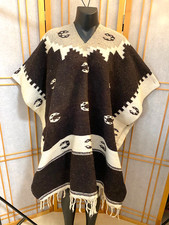 UNISEX SOUTHWESTERN CREAM/BROWN HEAVY WOOL HORSESHOE PONCHO SERAPE COWBOY-SZ 0S
