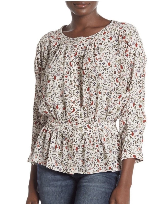 FRAME Silk Floral Ruffle Blouse Off White Multicolor 3/4 Sleeve Women S