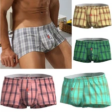 SEOBEAN Men's Cotton Plaid Shorts Front Open Pajama Loose Fit Male underwear