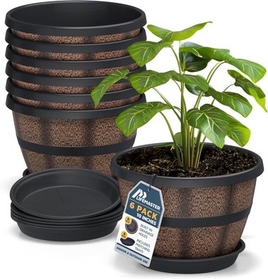 10-Inch Whiskey Barrel Planters Outdoor Pack of 6 - Durable Plastic Plant Pots 