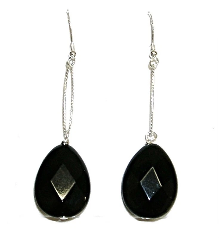 PENDIENTES Largos de PLATA de ley 925 y ÓNIX Facetado lágrima 18x13 mm - Imagen 2 de 3