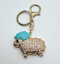 Sheep Fashion Keychain Rhinestone Crystal Purse Charm Backpack Goldtone Blue