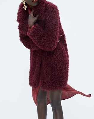 zara soft faux fur coat burgundy