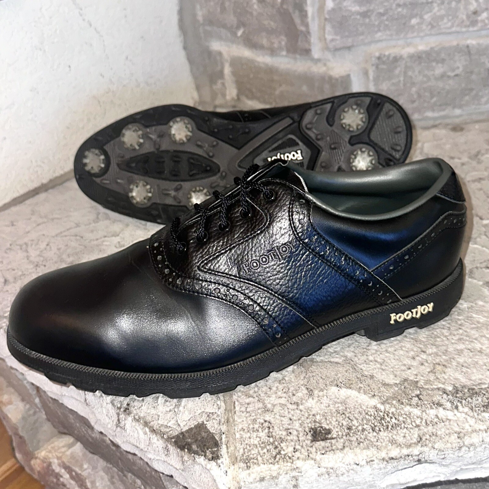 Near Mint Mens FootJoy 45534 GreenJoys Black Leather Golf Spikes Shoes 12 M eBay