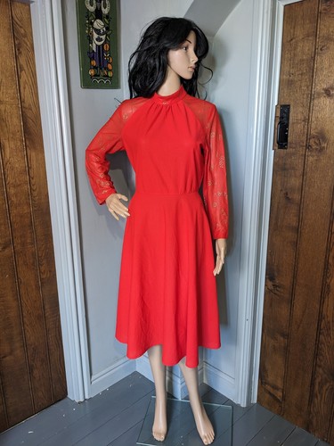 Vintage 60s 70s Red Gold Glitter Floral Crepe Skater Dress Boho Party 10 12 38 - Picture 6 of 8