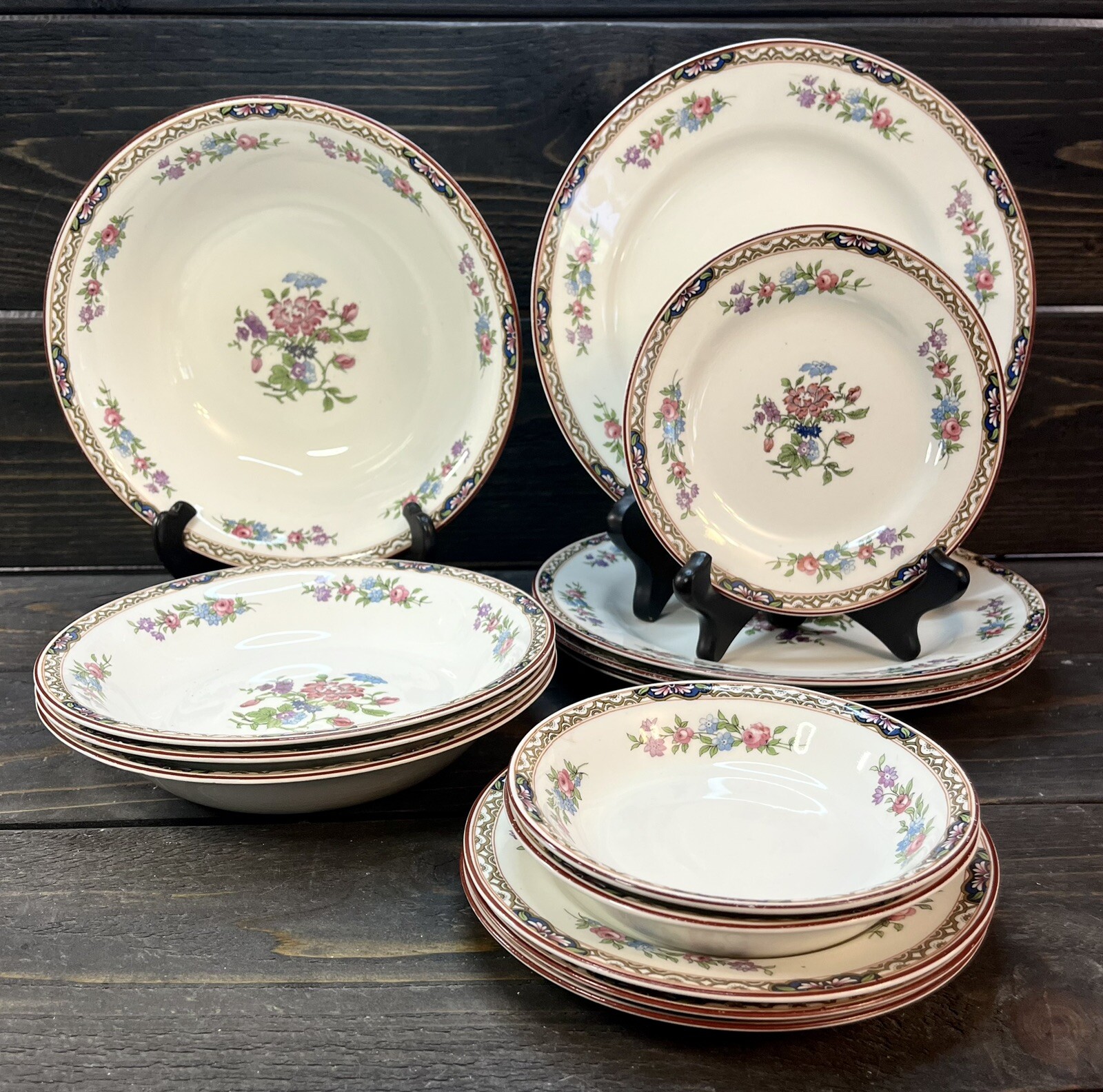 J&G Meakin Chatsworth China Set 14 Pieces Multicolored Floral Burgundy Rim