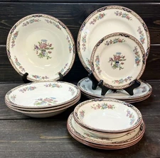 J&G Meakin Chatsworth China Set 14 Pieces Multicolored Floral Burgundy Rim