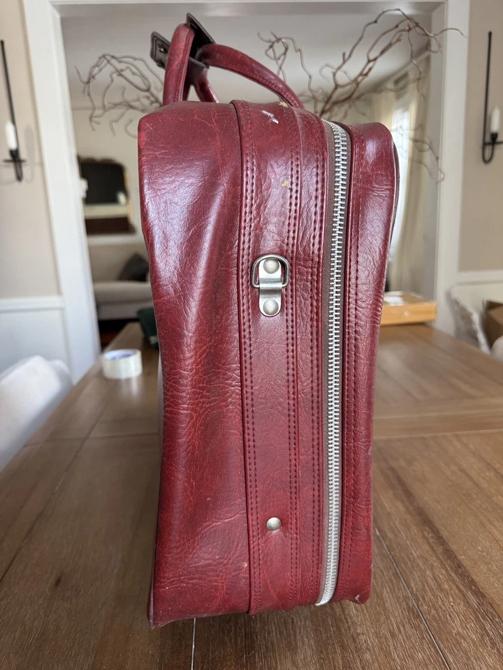 Vintage Burgundy Leather Travel Luggage - Image 3 of 4