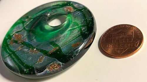 ONE Large Heavy Green Copper Silver Dichroic Glass Jewelry Pendant 50mm 2" P12 - Picture 3 of 6