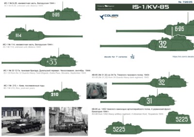 1:72 Decal Soviet IS-1/KV-85 Heavy Tanks  (7 variants) - Colibri 72035
