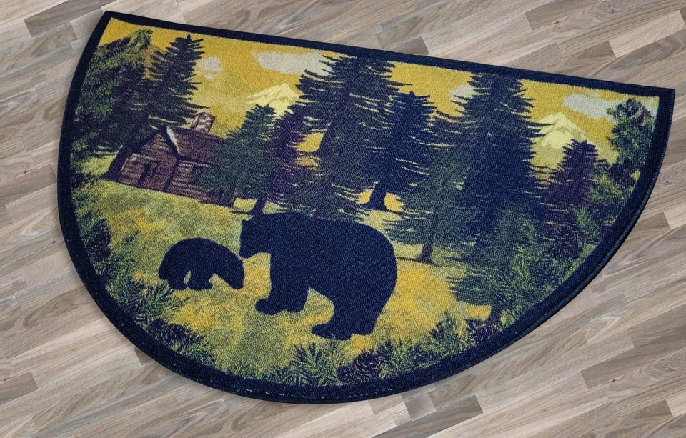 Hearth Rug for Fireplace, Bear & Cub, Non Slip Kitchen Mat, Green Black Gold ... - Image 4 of 4