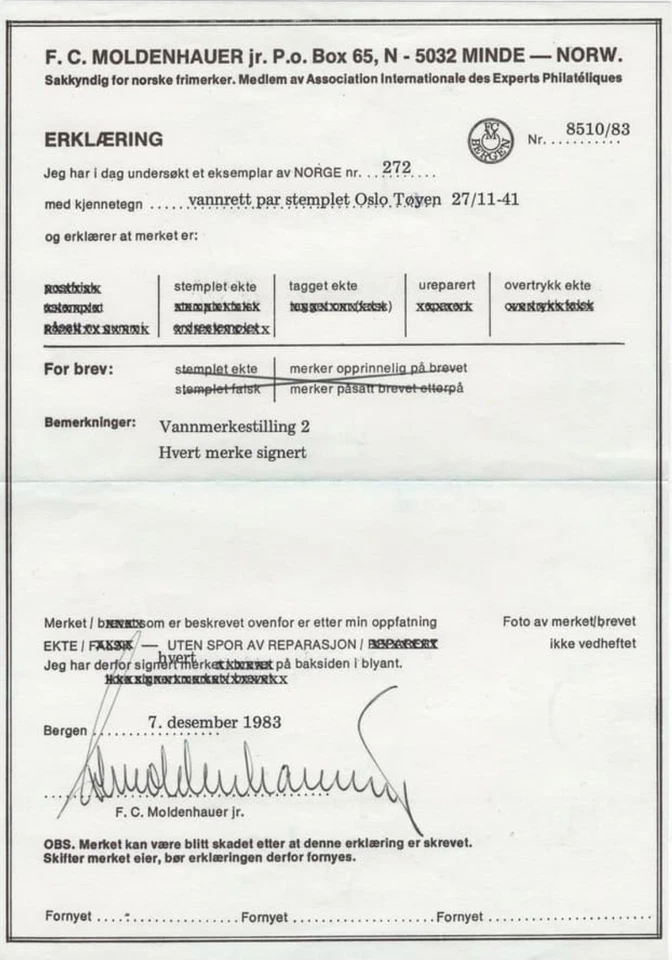 Norway Year 1941 V-stamp with watermark and Certificate NK 272 (CV: 450 USD) - Image 2 of 2