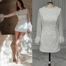 Shining Short Wedding Dresses Long Sleeves Feathers Above Knee Mini Bridal Gowns