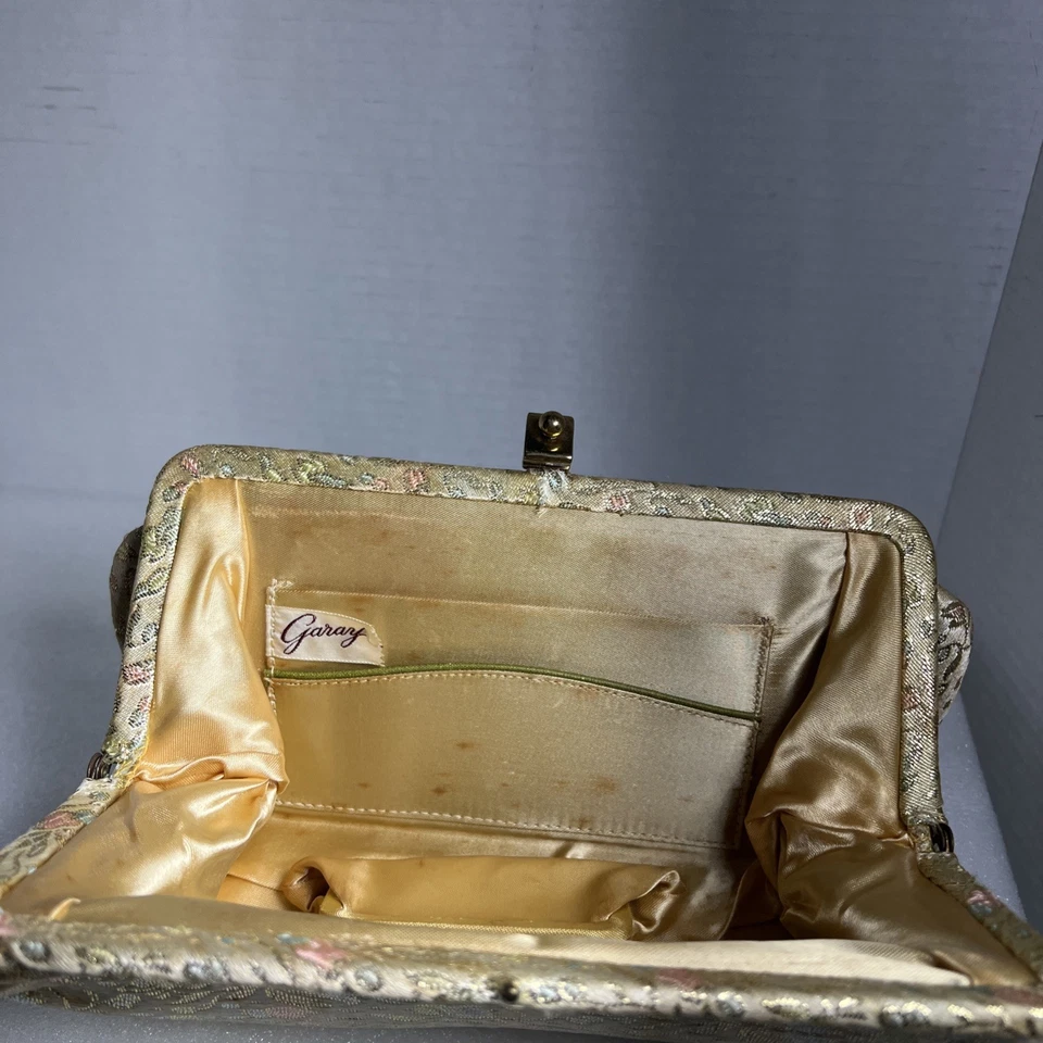 Vintage 1950s 60s Evening Purse Clutch Gold Metallic Brocade Floral MCM Pastel - Image 4 of 4